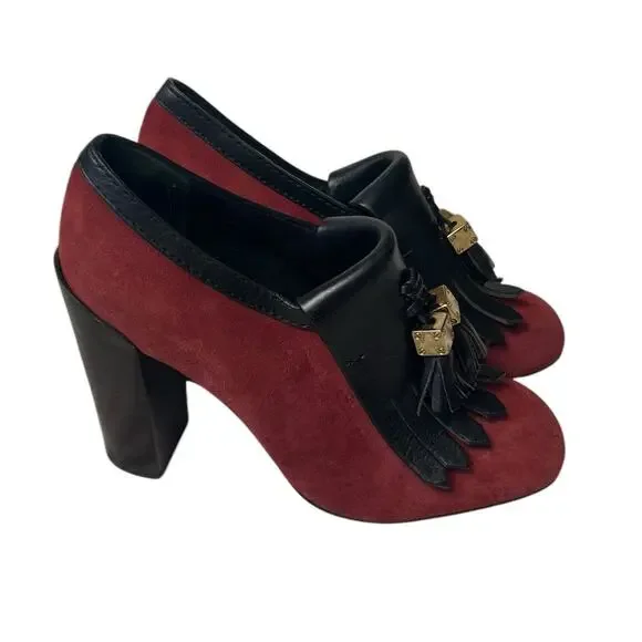 Tory Burch Red Black Suede Leather Tassel Chunky Square Toe Heels Size 7 - Picture 3 of 10